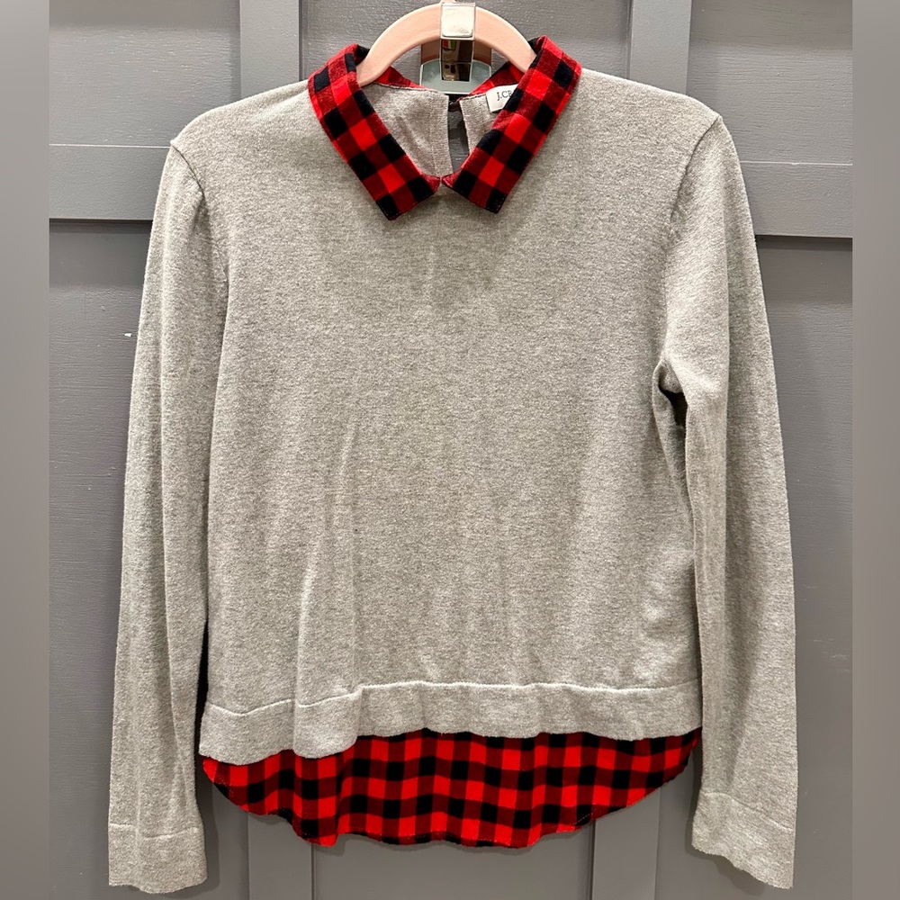 J. Crew Gray Top with Red Plaid Accents